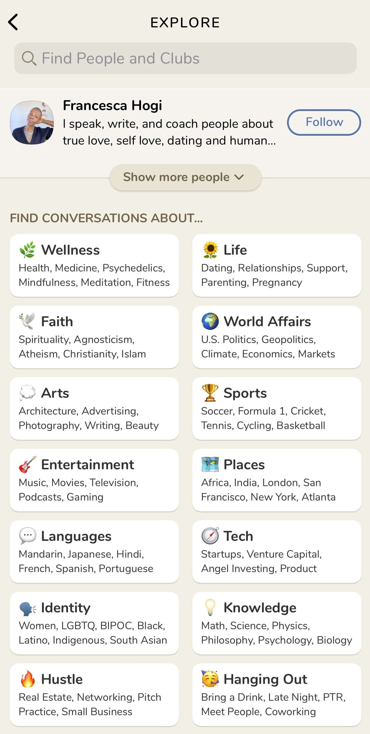 Explore page in the Clubhouse App: wellness, life, faith, world affairs, art, entertainment