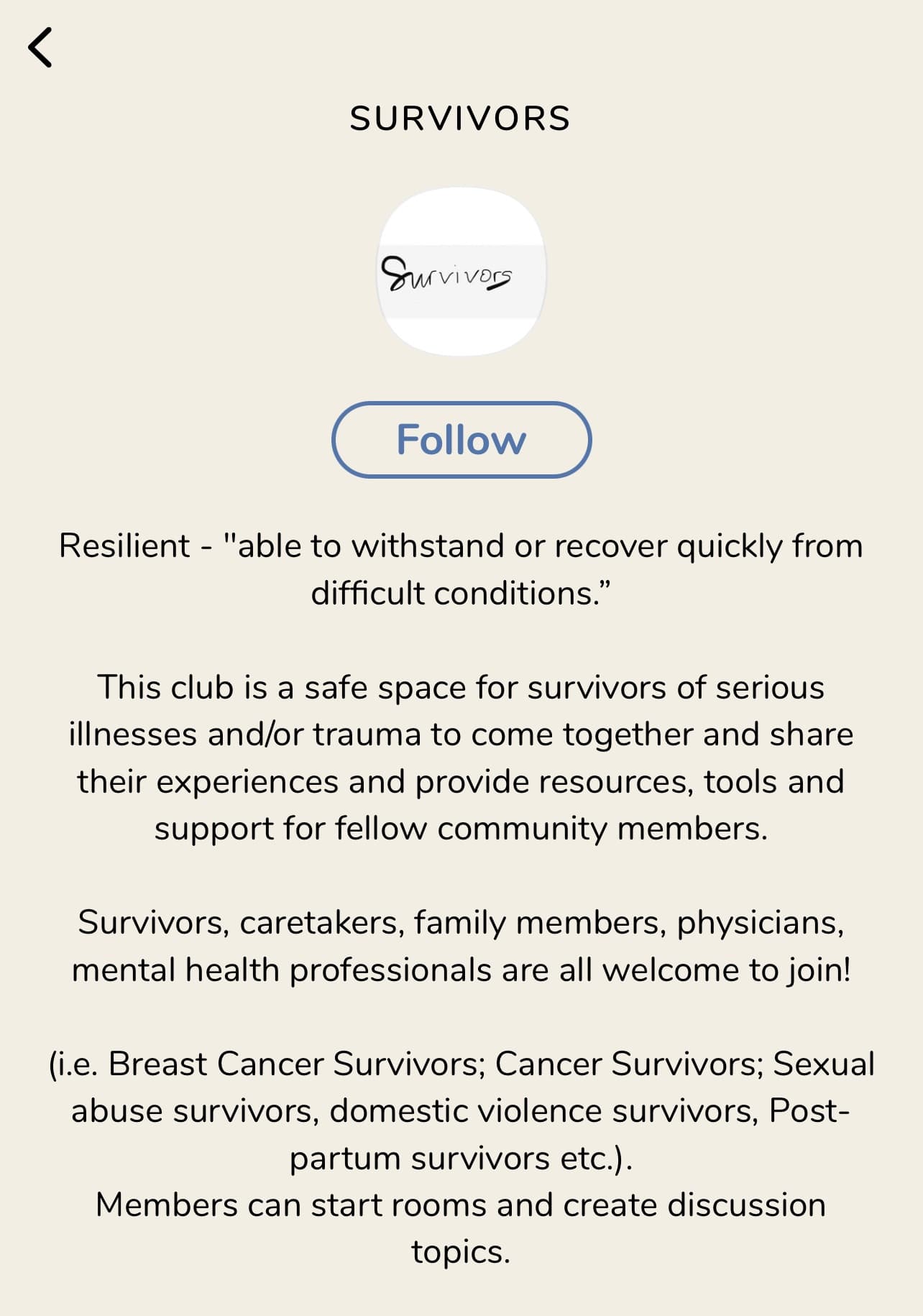 Survivors group on Clubhouse App